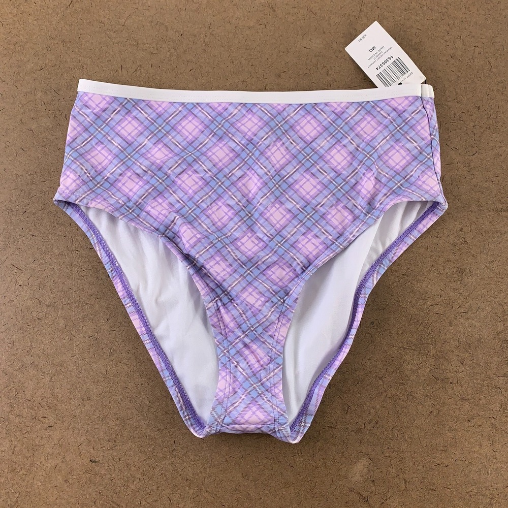 Hot Topic Junior's Size Medium Pink & Purple Plaid High-Waisted Swim Bottoms NWT